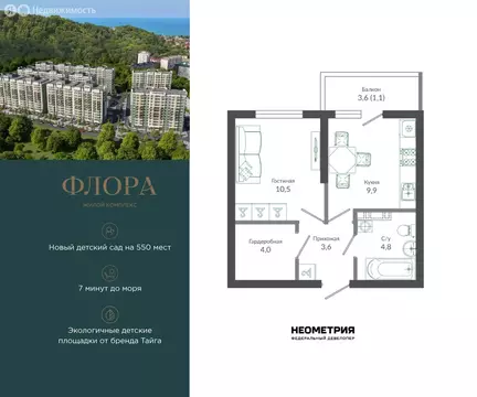 1-комнатная квартира: Сочи, улица Искры, 66/9к7 (33.8 м)