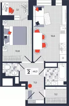 2-к кв. Тульская область, Тула ул. Академика Насоновой, 1А (46.3 м)
