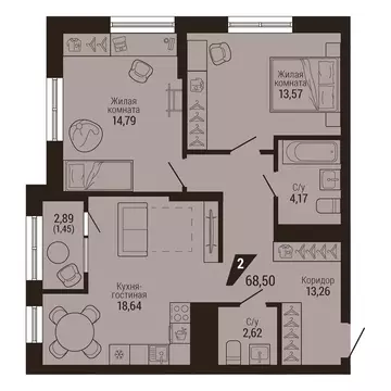 2-комнатная квартира: Екатеринбург, улица Энергостроителей, 7 (68.5 м)