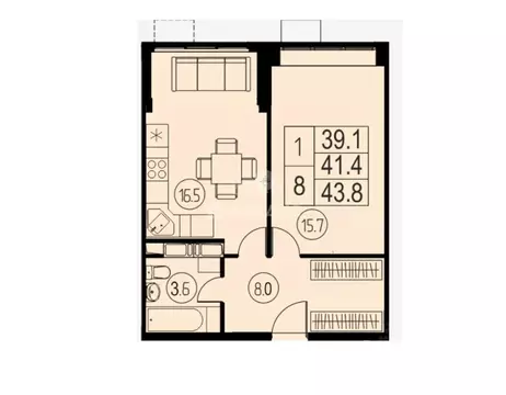 Квартира, 1 комната, 43.8 м