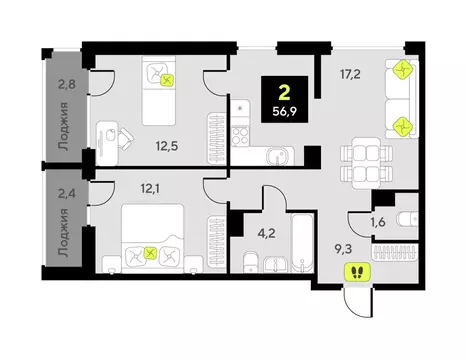 2-комнатная квартира: Тюмень, улица Разведчика Кузнецова, 9 (56.9 м)