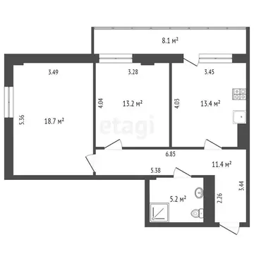 2-комнатная квартира: Тюмень, Широтная улица, 191 (61.9 м)