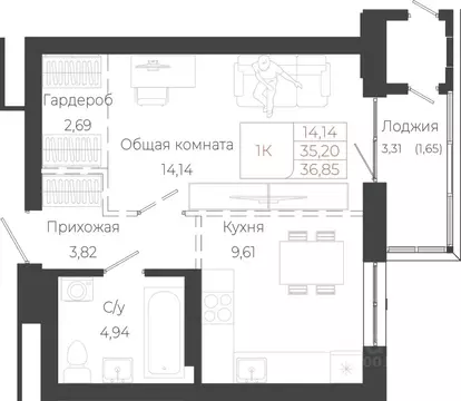 1-к кв. Алтайский край, Барнаул просп. Ленина (36.85 м)