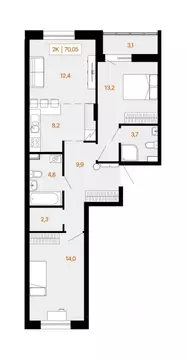 2-к кв. Ханты-Мансийский АО, Ханты-Мансийск Самаровская ул., 2А (70.45 ...