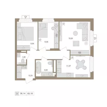 3-к кв. Башкортостан, Уфа бул. Яркий (65.16 м)