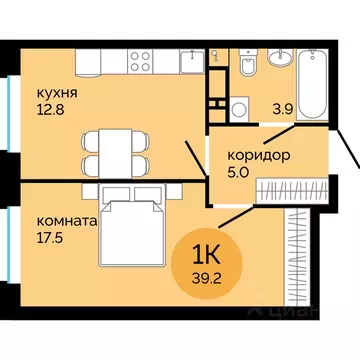 1-к кв. Пермский край, Пермь ул. Яблочкова, 5к4 (39.2 м)