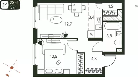 Студия Пермский край, Пермь ул. Серебристая, 1 (37.1 м)