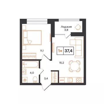 1-комнатная квартира: Тюмень, ЖК UNO (37.4 м)