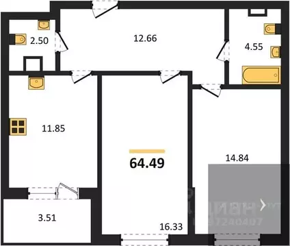 2-к кв. Воронежская область, Воронеж ул. Ломоносова, 116В (64.49 м)