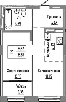 2-комнатная квартира: Краснообск, жилой комплекс Базилик (35.52 м)