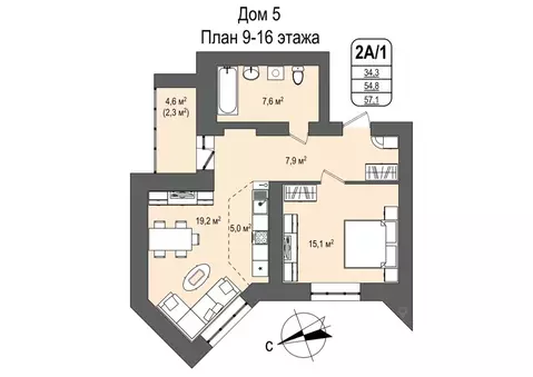 2-к кв. Кемеровская область, Кемерово 55-й мкр, 5 (57.1 м)