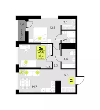 2-комнатная квартира: Тюмень, улица Андрея Приказнова, 1 (60.8 м)