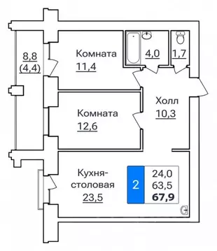 2-к кв. Амурская область, Благовещенск ул. Горького, 205 (67.9 м)
