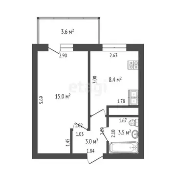 1-комнатная квартира: Тюмень, улица Василия Гольцова, 4 (30.1 м)
