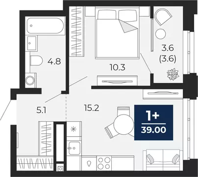 1-комнатная квартира: Тюмень, проезд Капитана Куликова, 7 (39 м)