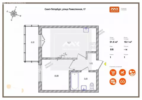 1-комнатная квартира: Санкт-Петербург, Ремесленная улица, 15 (31.46 м)