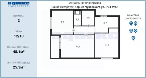 2-к кв. Санкт-Петербург ул. Корнея Чуковского, 7к4 (48.1 м)