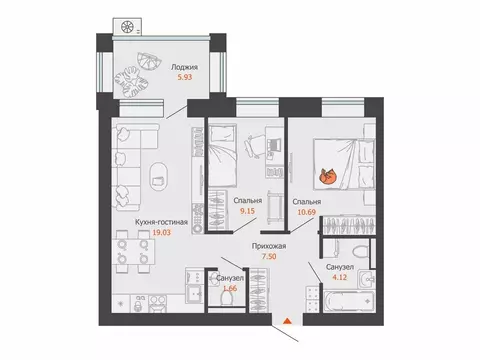 2-комнатная квартира: Первомайский, ЖК Икигай (55 м)
