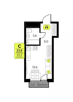 Квартира-студия: Тюмень, улица Андрея Приказнова, 1 (23.8 м)