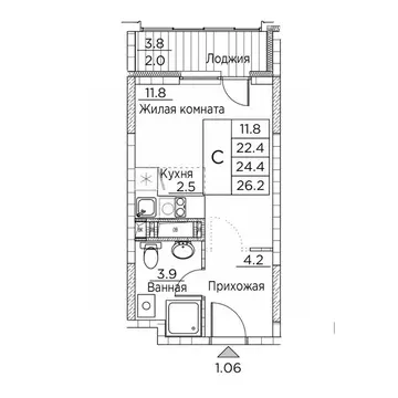 1-к кв. Приморский край, Владивосток ул. Расула Гамзатова, 7к3 (26.2 ...