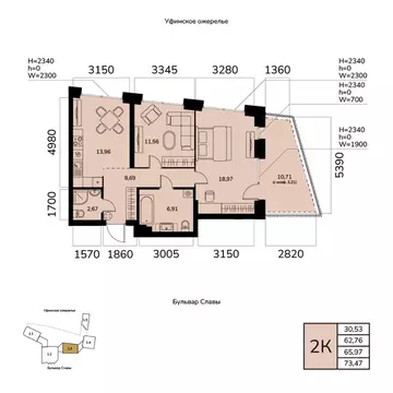 2-к кв. Башкортостан, Уфа ул. Чудинова (65.97 м)