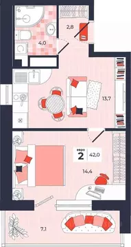 2-к кв. Тульская область, Тула ул. Академика Насоновой, 1А (42.0 м)