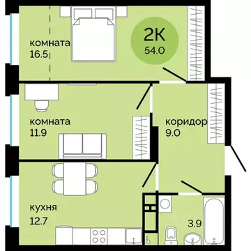 2-к кв. Пермский край, Пермь ул. Яблочкова, 5к4 (54.0 м)