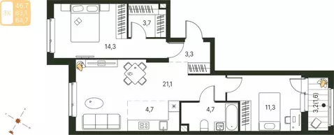 Студия Пермский край, Пермь ул. Серебристая, 1 (64.7 м)