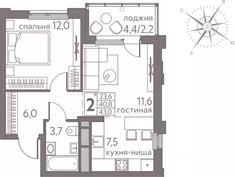 Студия Пермский край, Пермь ул. Серебристая, 3 (43.0 м)