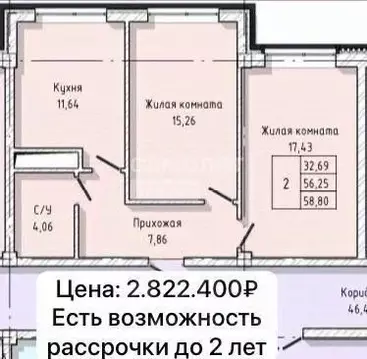 2-к кв. Кабардино-Балкария, Нальчик ул. Тарчокова, 56 (58.8 м)