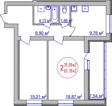 2-к кв. Башкортостан, Уфа ул. Летчиков, 1/9 (63.18 м)