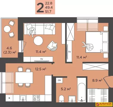 2-комнатная квартира: Прибрежное, улица Южное Полукольцо, 6к4 (52.3 м)