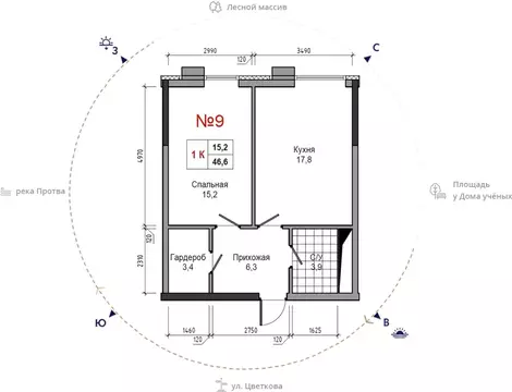 1-к кв. Калужская область, Обнинск ул. Усачева (46.6 м)