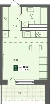 Студия Курганская область, Курган Заозерный жилрайон,  (38.3 м)
