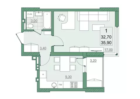 1-к кв. Саратовская область, Саратов просп. Героев Отечества, 7 (32.7 ...