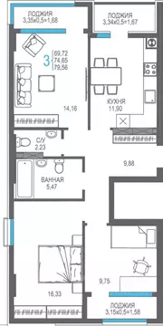 3-к кв. Крым, Алушта На Фонтанке жилой комплекс (74.65 м)