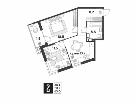 2-комнатная квартира: Краснодар, улица имени Героя Дангириева (63 м)