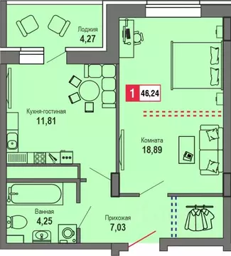 1-к кв. Тверская область, Тверь Оснабрюкская ул., 22к1 (46.24 м)