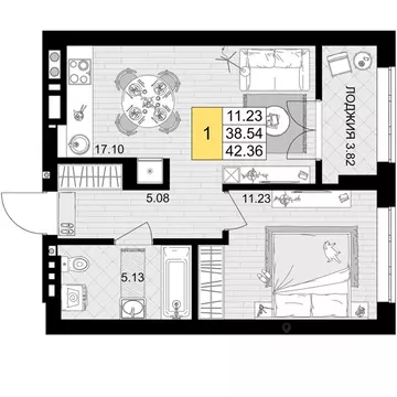 1-к кв. Калининградская область, Гурьевск Включи жилой комплекс (42.36 ...