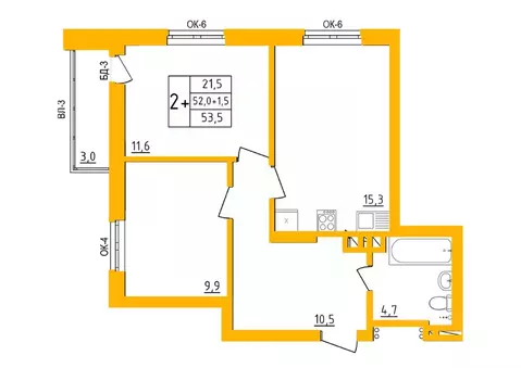2-к кв. Башкортостан, Уфа Инорс-4Б мкр, Акварель жилой комплекс (53.2 ...