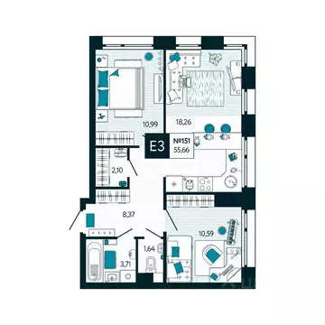 2-к кв. Тульская область, Тула ул. Чмутова, 158Д (55.66 м)
