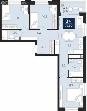 3-комнатная квартира: Тюмень, проезд Капитана Куликова, 7 (75.4 м)