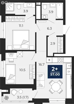 2-комнатная квартира: Тюмень, проезд Капитана Куликова, 7 (58.8 м)