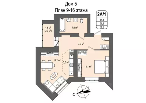 2-к кв. Кемеровская область, Кемерово 55-й мкр, 5 (57.1 м)