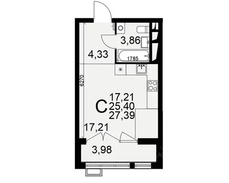 1-к кв. Тульская область, Тула Выше жилой комплекс (27.39 м)