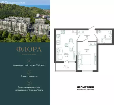 1-комнатная квартира: Сочи, улица Искры, 66/9к7 (38.6 м)