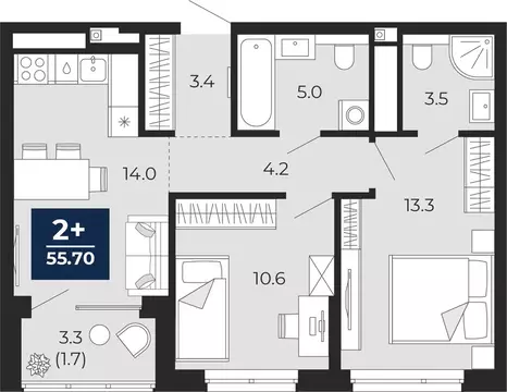 2-комнатная квартира: Тюмень, проезд Капитана Куликова, 5 (57.3 м)