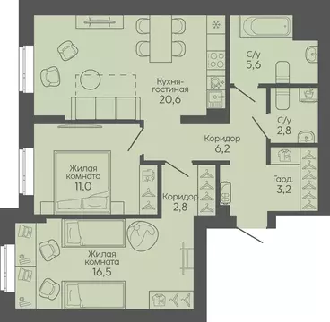 2-к кв. Волгоградская область, Волгоград Трехгорная ул., 27 (68.7 м)