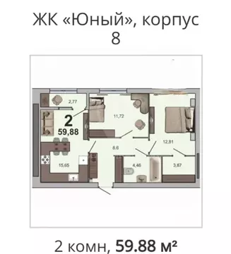 2-к кв. Рязанская область, Рязань ул. Княжье Поле, 16к1 (59.0 м)