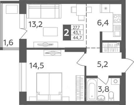 2-к кв. Башкортостан, Уфа ул. Орджоникидзе, 34 (44.7 м)